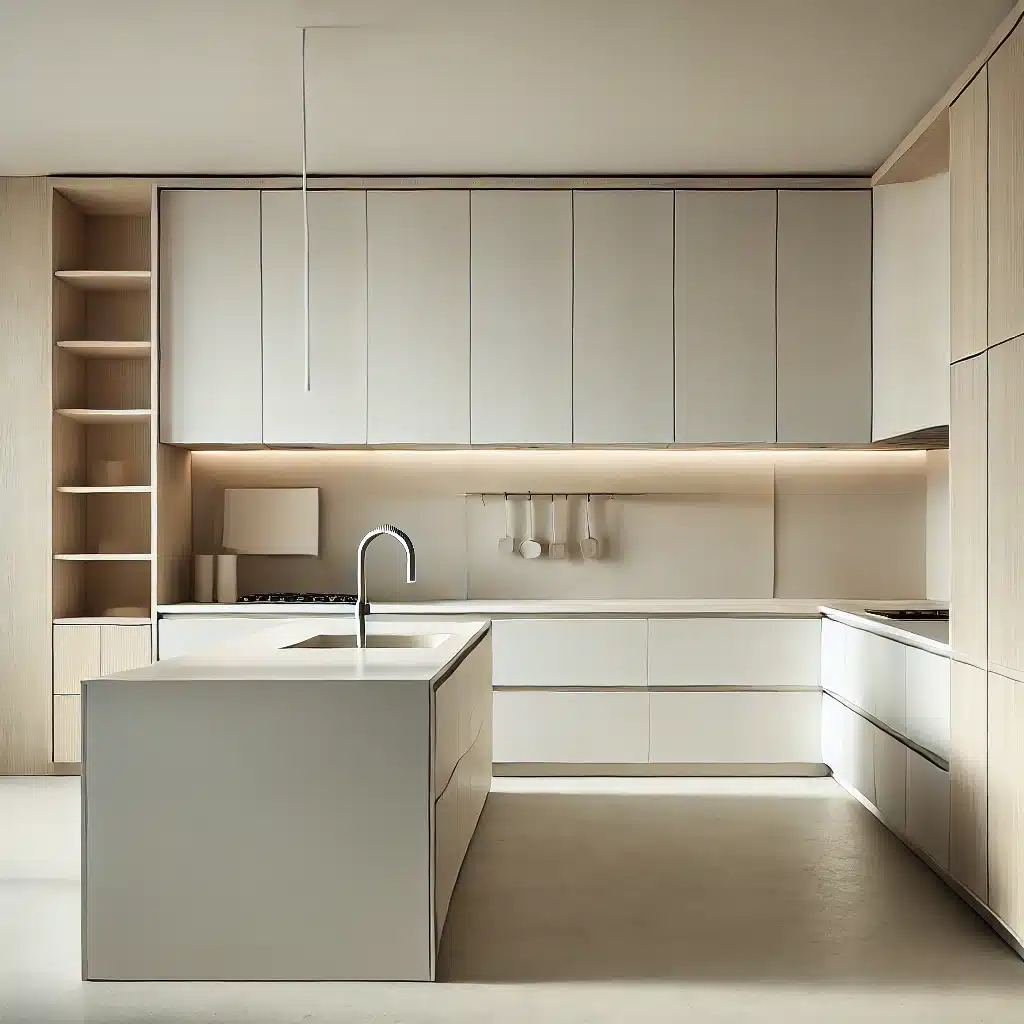 DALL·E    .. A modern minimalist kitchen with clean lines neutral colors and uncluttered surfaces. The space is bright and open featuring sleek cabinets hidden