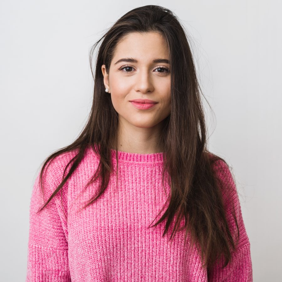 young beautiful woman pink warm sweater natural look smiling portrait isolated long hair x