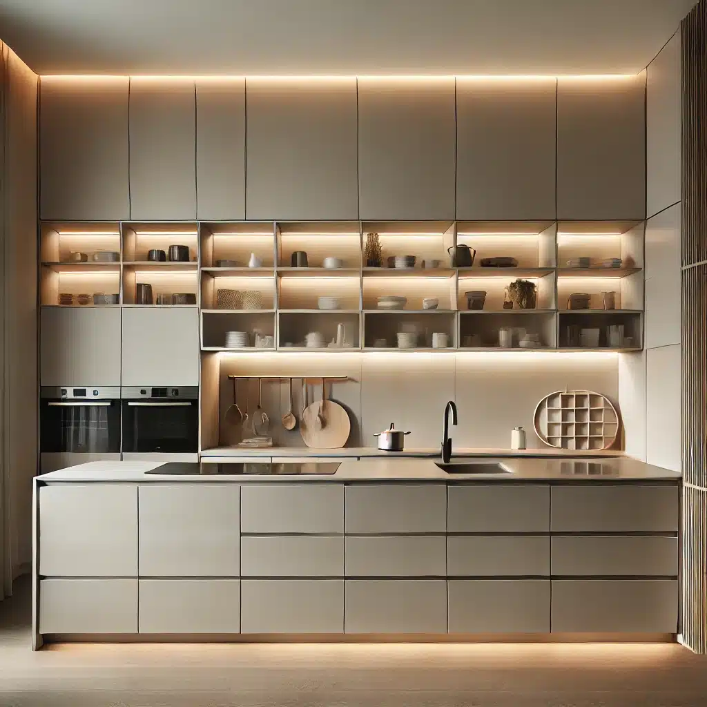DALL·E    .. A modern minimalist kitchen with clean lines neutral colors and handleless cabinets. The space is well organized with hidden shelving and smart stor