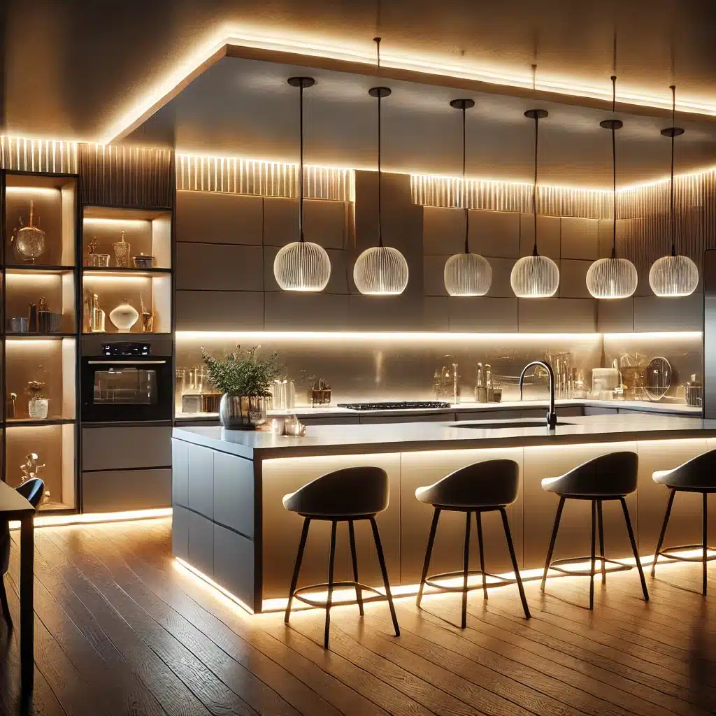 DALL·E    .. A modern kitchen with strategic lighting design. The space features LED strip lights under cabinets elegant pendant lights above the island and warm