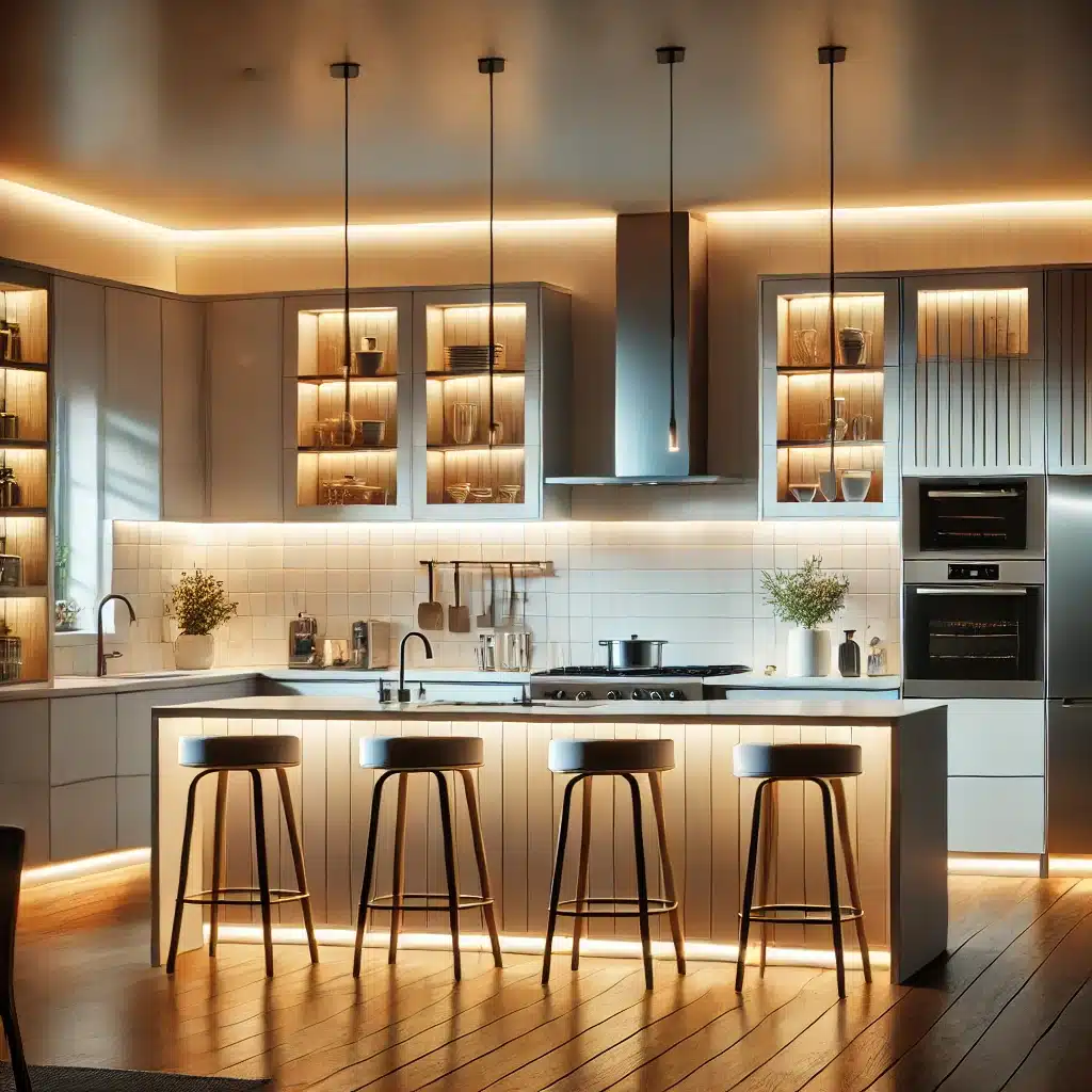 DALL·E    .. A modern kitchen with three types of lighting  general lighting from ceiling fixtures task lighting under cabinets and ambient lighting with LED str