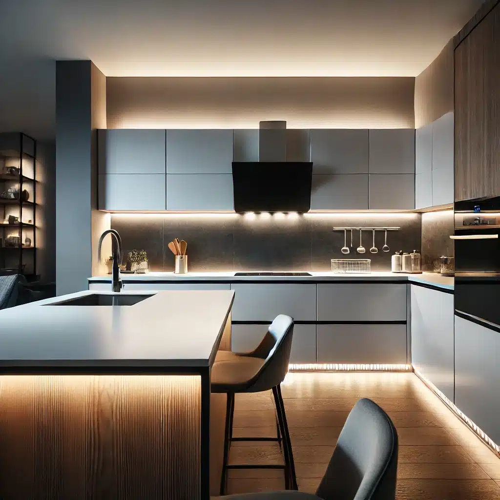 DALL·E    .. A modern kitchen with under cabinet LED lighting illuminating a sleek countertop. The kitchen features high end appliances minimalist white and wood 